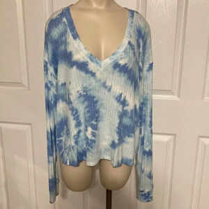 PINK Victoria’s Secret Blue & White Cropped Ribbed Tie Dye Long Sleeve Top L